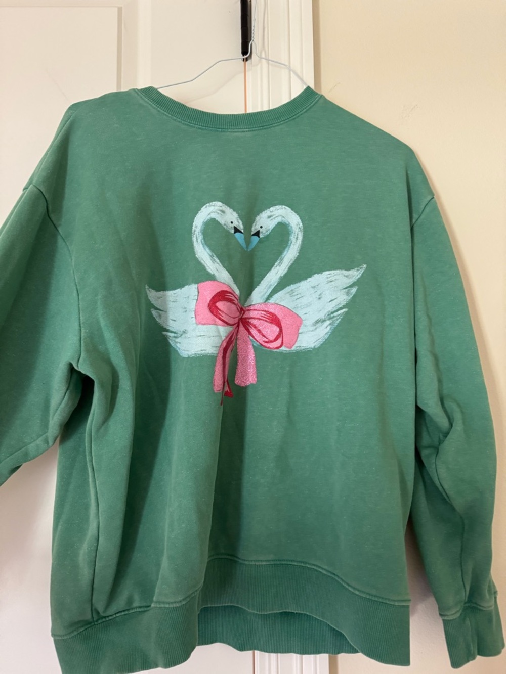 Cotton On- Green Sweatshirt with Swan Heart and Pink Bow Graphic